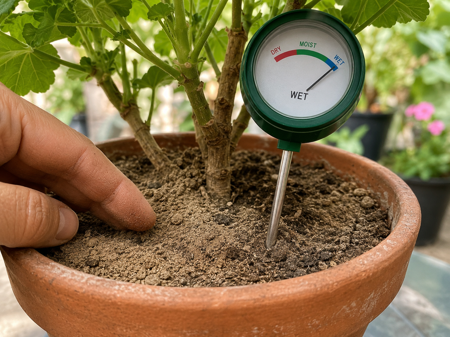 Person checking soil moisture with a finger test in a potted houseplant to decide when to water
