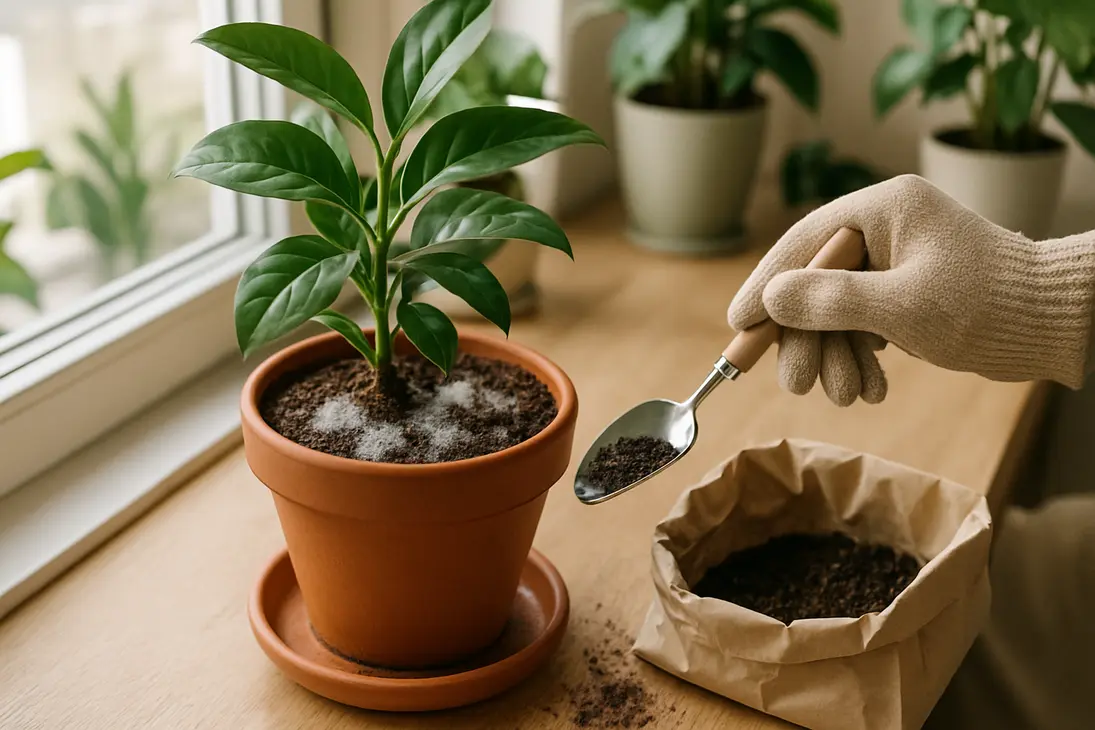 White fuzzy mold on the soil surface of an indoor potted plant being scraped away with a small hand tool.