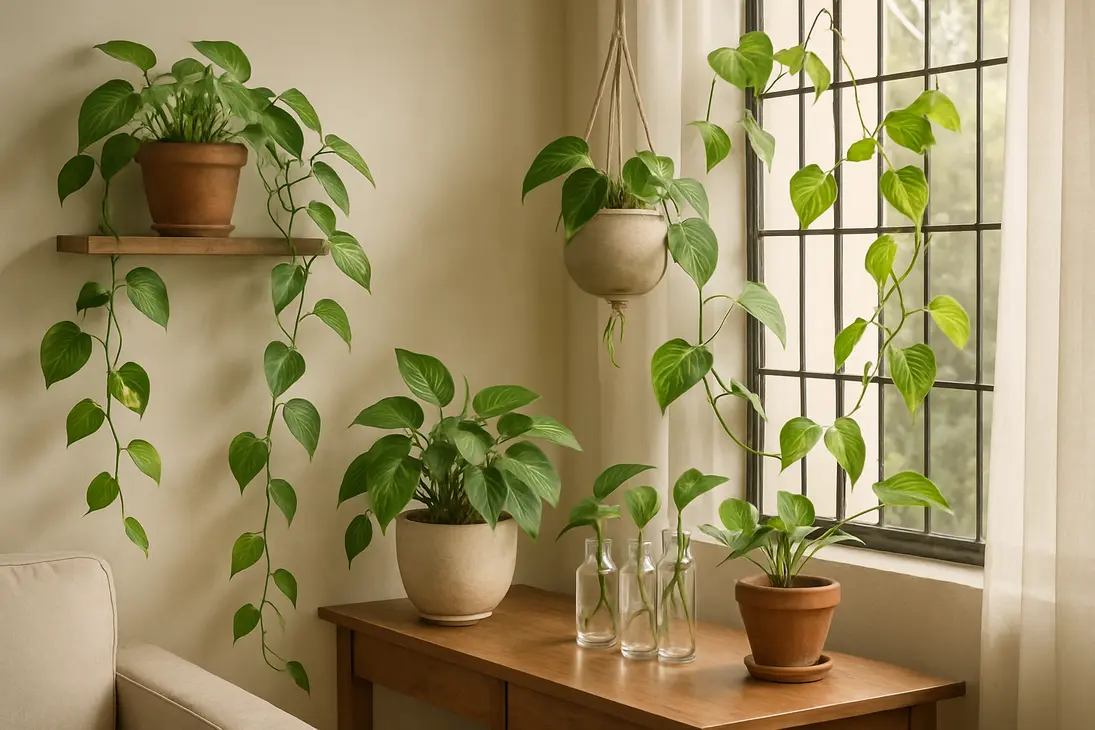 Money plant vines styled around a bright window with hanging planters, shelves, and glass propagation jars.