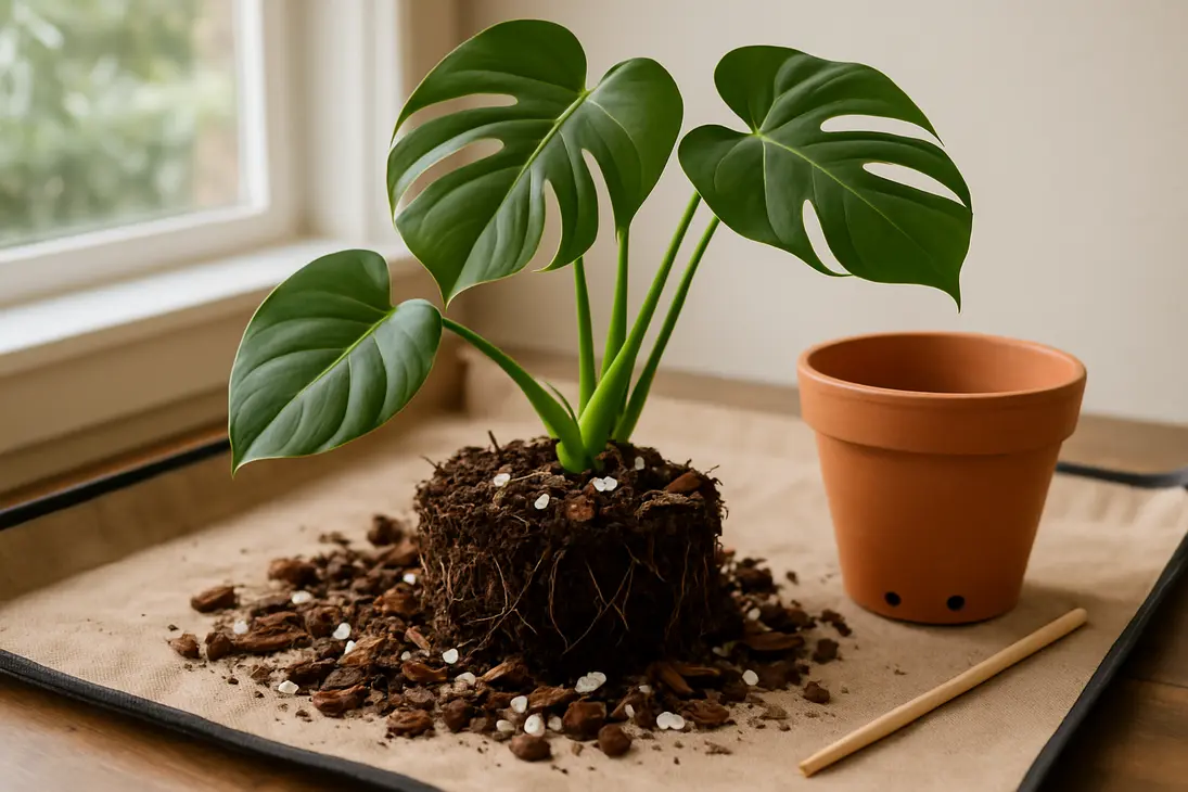 A repotted Monstera being checked for wet soil and root health beside chunky potting mix.