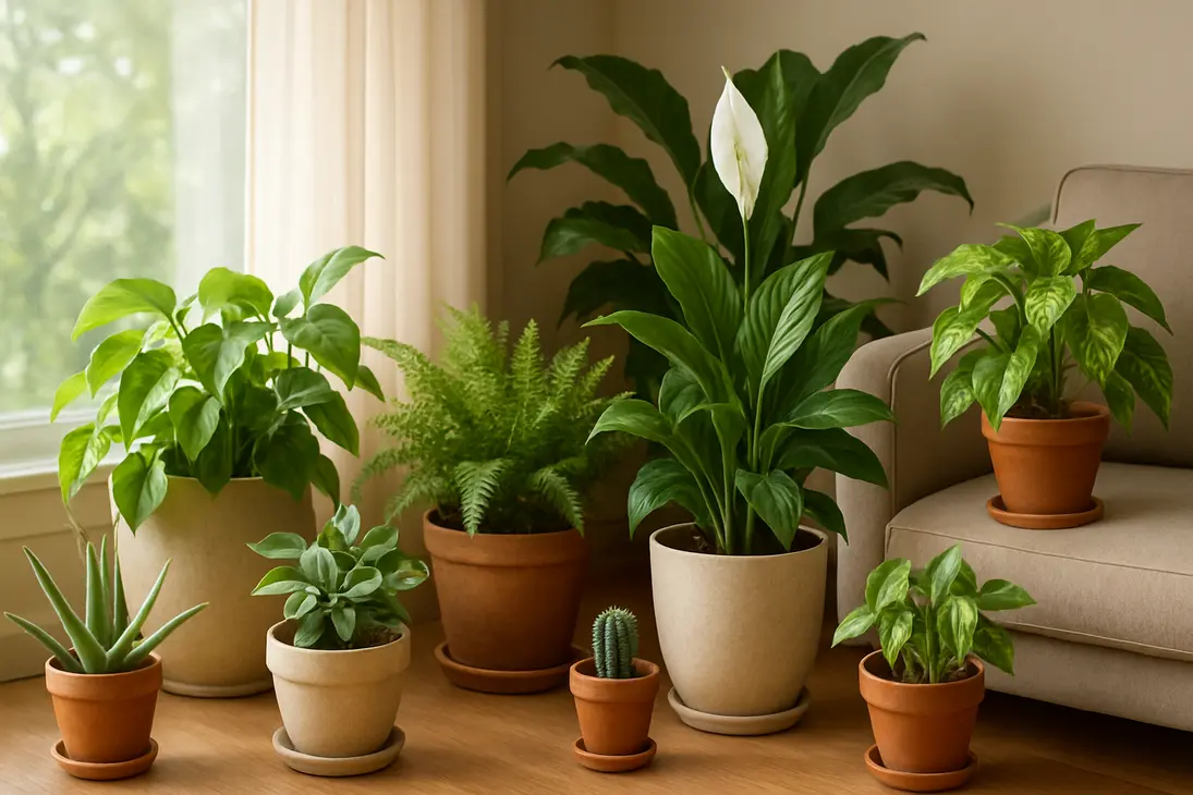 Houseplants placed in bright indirect light near a sunny window before a trip.