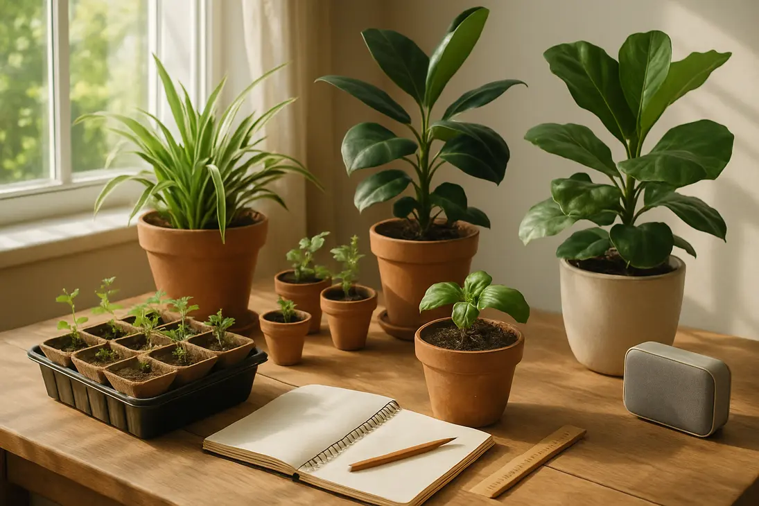Potted houseplants near a small speaker and observation notebook in a bright indoor gardening space.