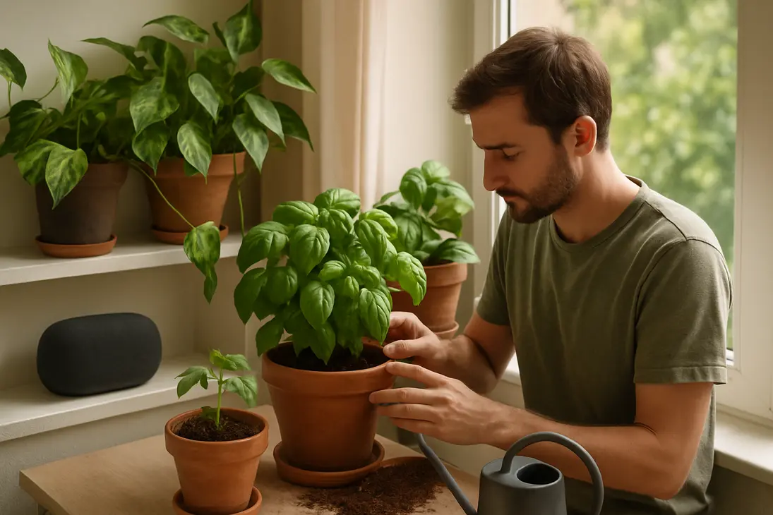 Gardener checking potted plants near a small speaker in a sunny indoor plant corner.