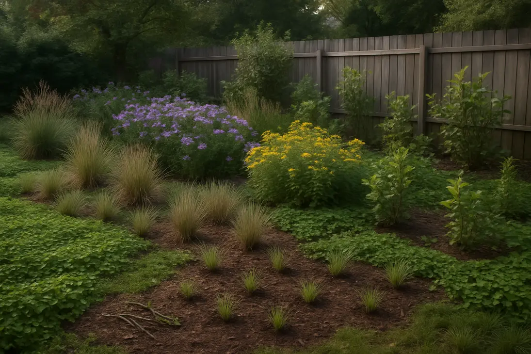 Backyard bed replanted with dense native groundcovers, grasses, wildflowers, and shrubs after invasive plant removal.