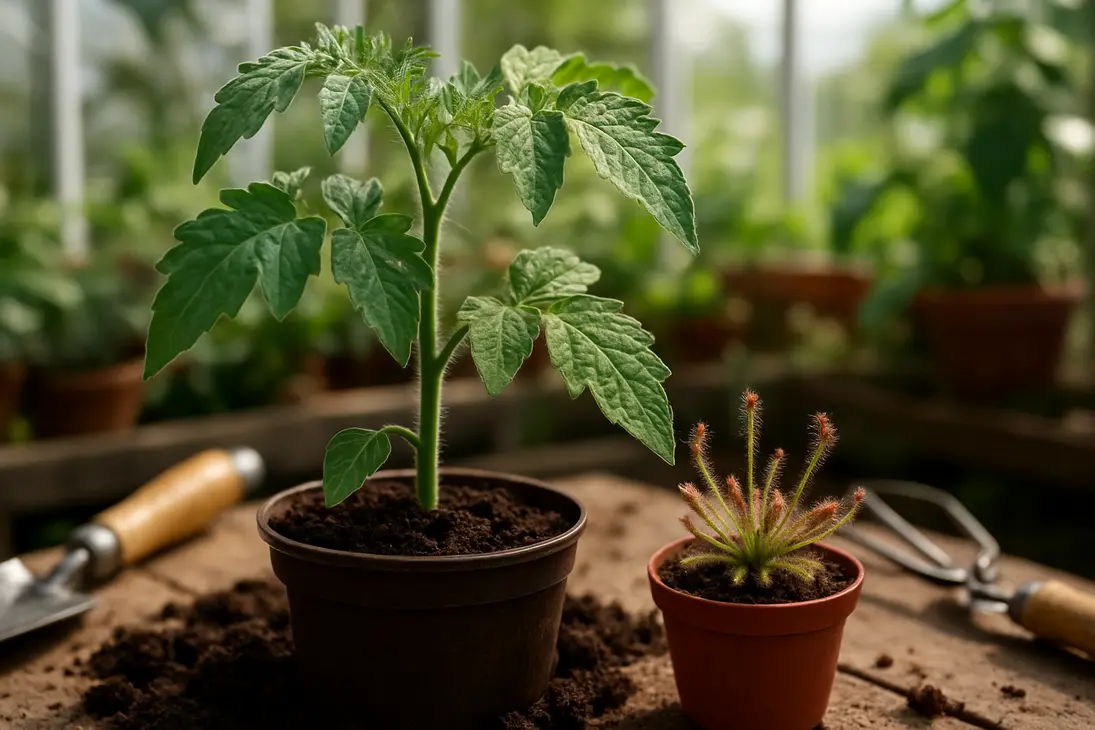 Tomato leaves with sticky hairs shown beside a carnivorous plant in a greenhouse.