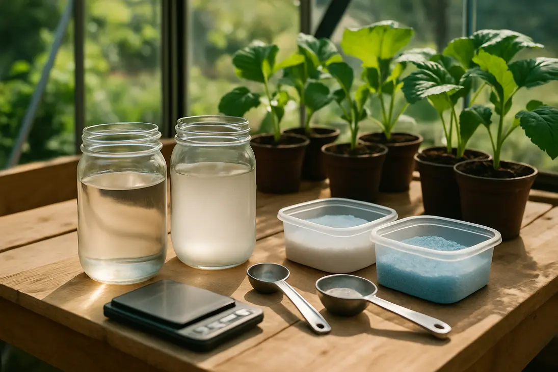 Clear and cloudy fertilizer solutions on a potting bench with measuring tools and potted seedlings.