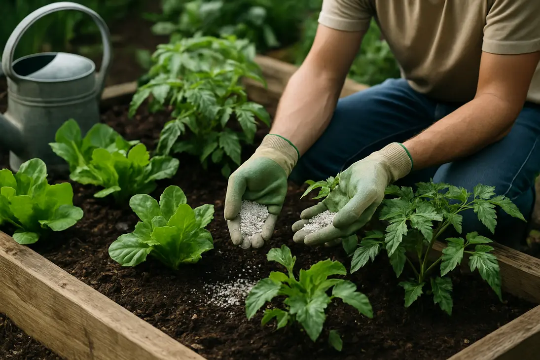 Gardener applying granular NPK fertilizer around vegetable plants in a raised garden bed.