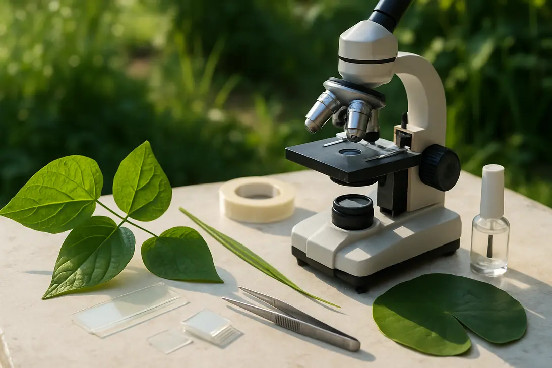 Microscope and leaf samples on a garden workbench for observing stomata in leaves.