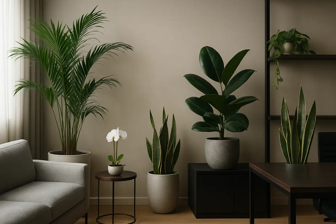 Luxury office styled with Kentia palm, rubber plant, snake plants, pothos, and a small orchid.