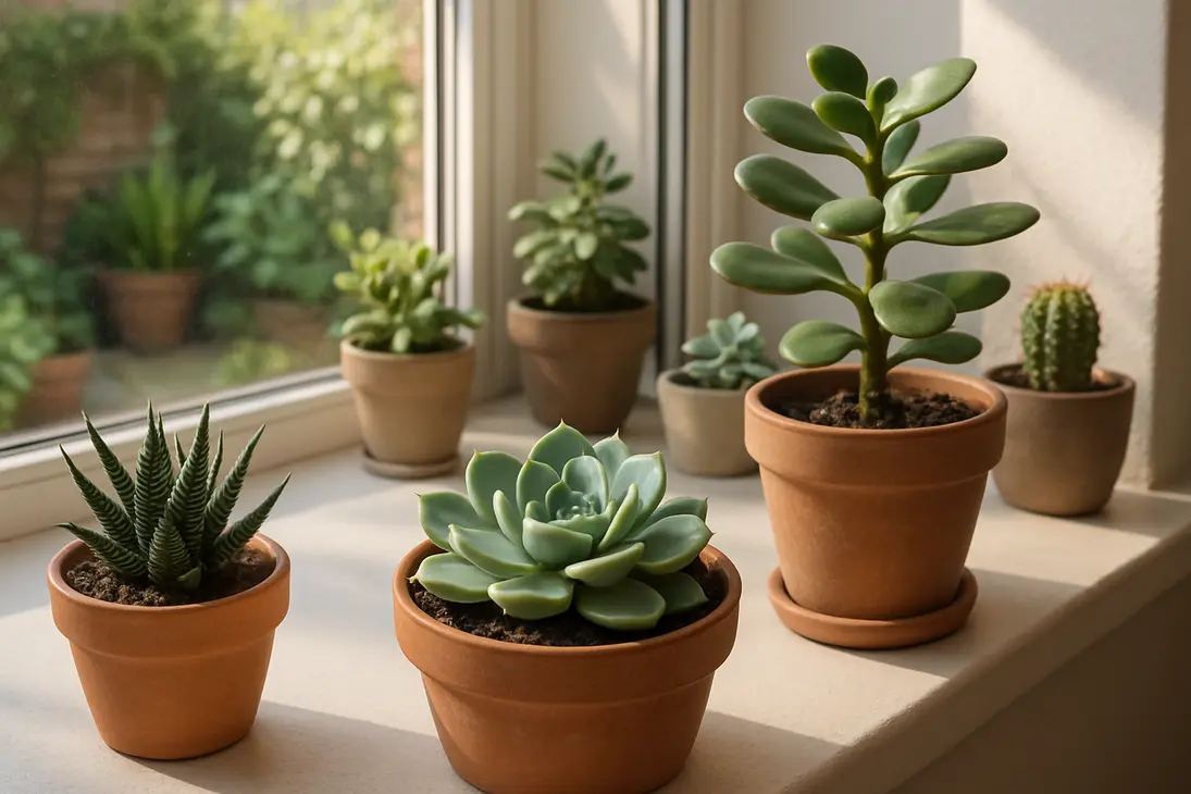 Potted succulents on a bright windowsill receiving morning light.