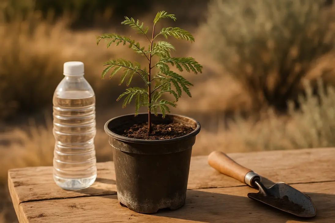Honey mesquite seedling in a pot showing browned leaf tips, wilting, and white salt buildup on the soil.