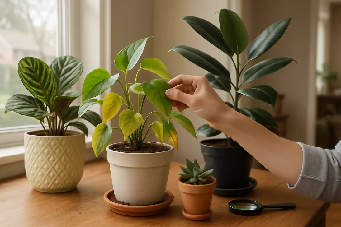 Gardener inspecting indoor houseplants for yellow leaves, brown tips, pests, and soil problems.