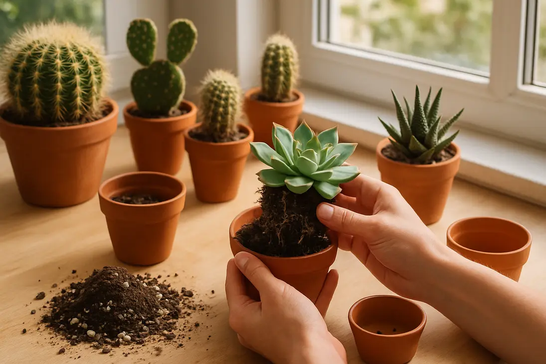 Gardener inspecting damp soil and roots of a potted succulent to prevent overwatering.