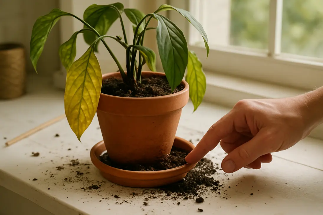A drooping potted houseplant with yellow leaves and damp soil being checked for overwatering.