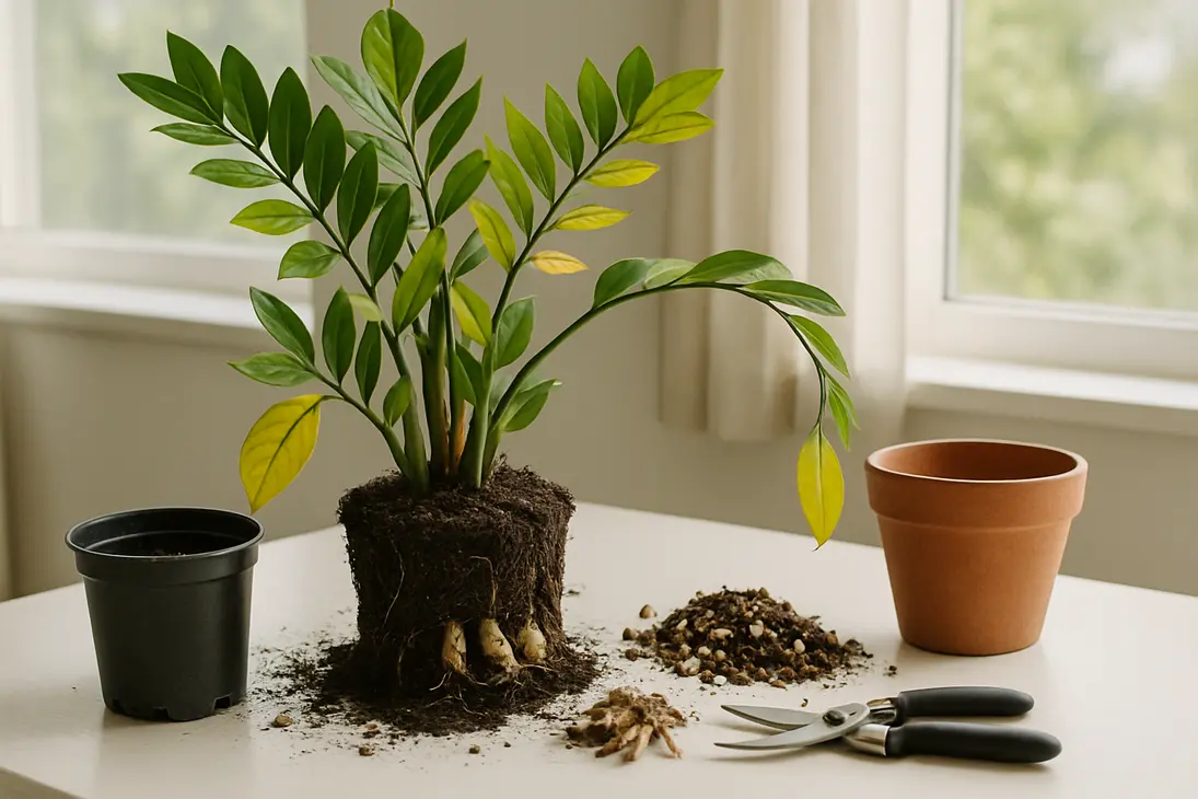 Overwatered ZZ plant with yellowing leaves, damp soil, exposed roots, and repotting supplies.