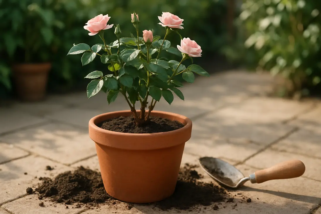 A freshly repotted patio rose in a pot with its woody stem base visible above the soil.