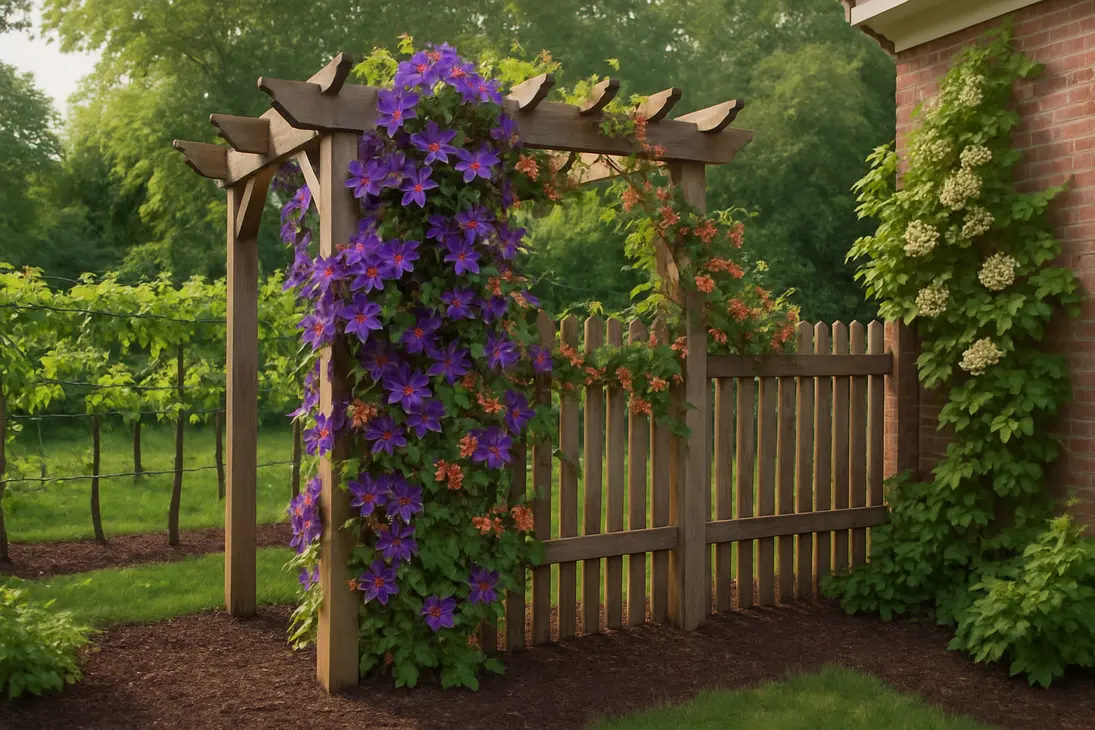 Cold-hardy perennial vines growing on an arbor, fence, and wall in a Zone 5 garden.