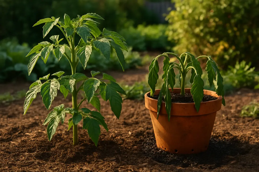 Tomato plants showing wilt symptoms in a sunny garden, with one plant in dry conditions and another in wet soil.