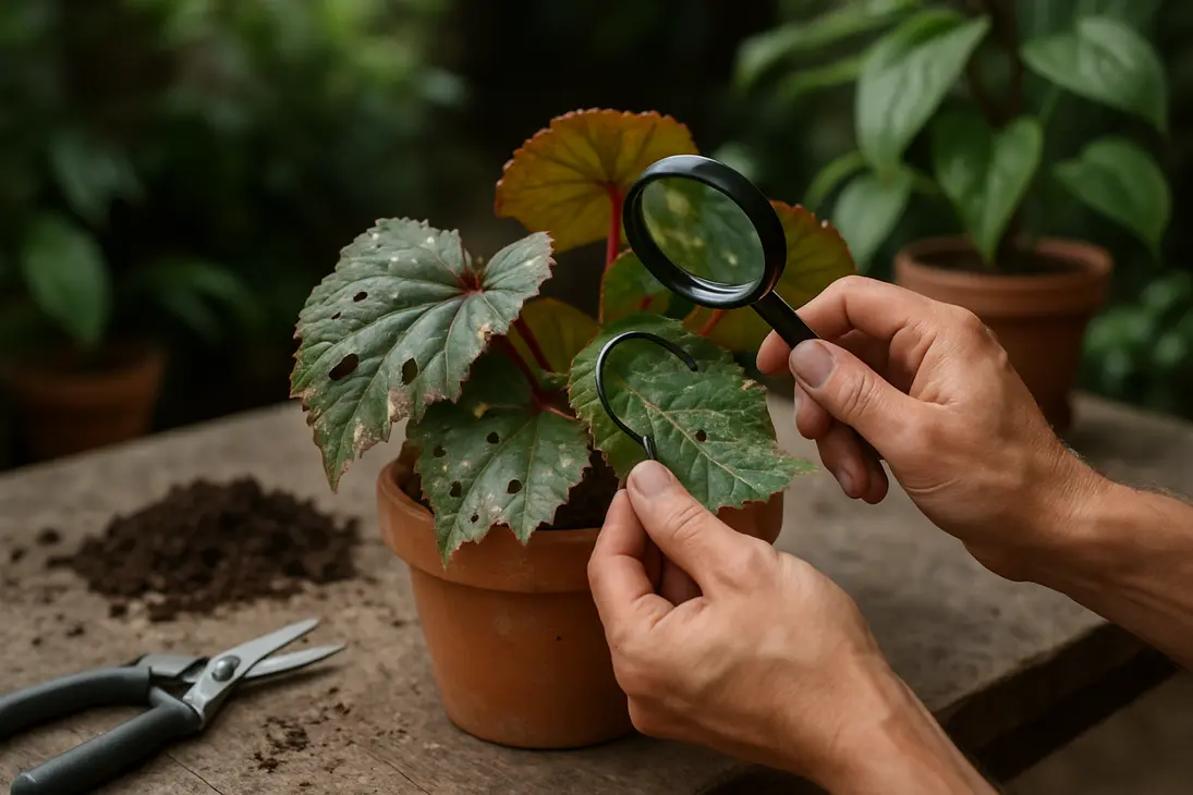 Gardener inspecting pest-damaged begonia leaves with a magnifying glass.