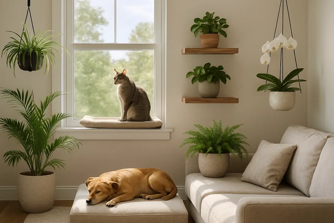 Pet-friendly indoor plant setup with a cat, dog, and non-toxic houseplants placed safely out of reach.