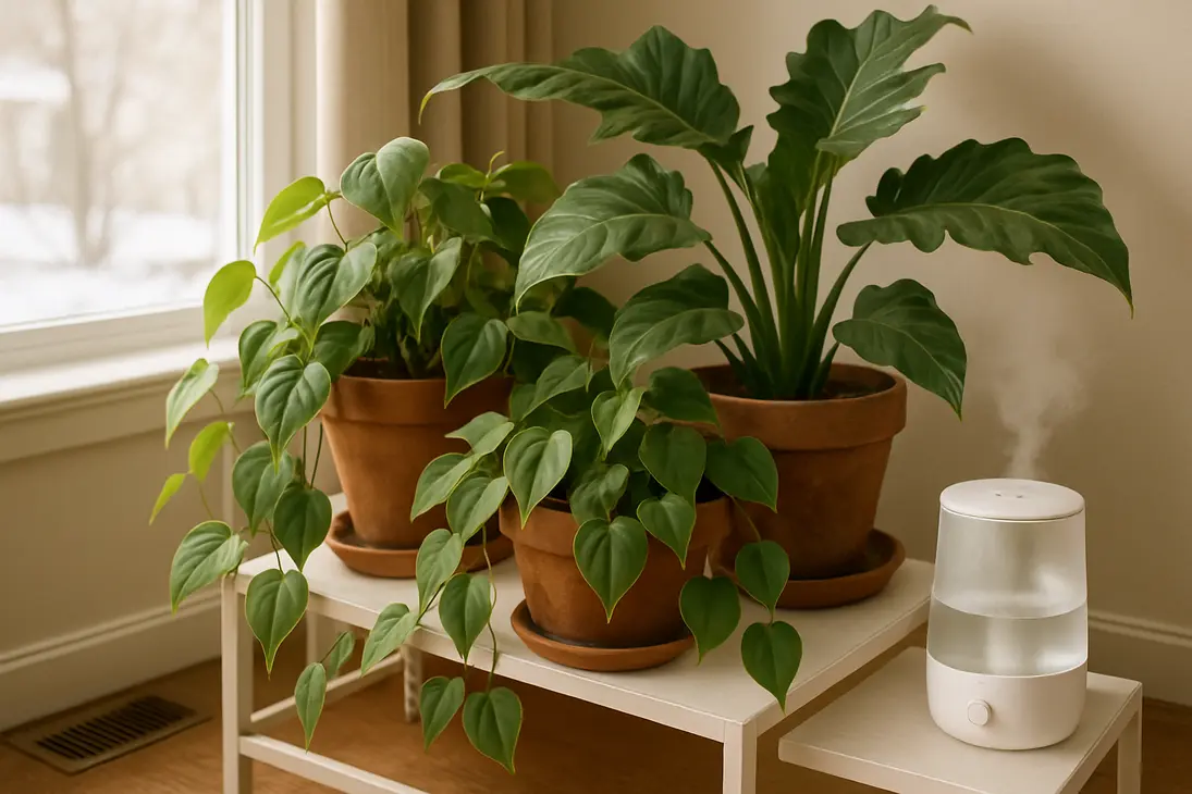 Healthy philodendrons grouped near a humidifier indoors to reduce dry air stress.