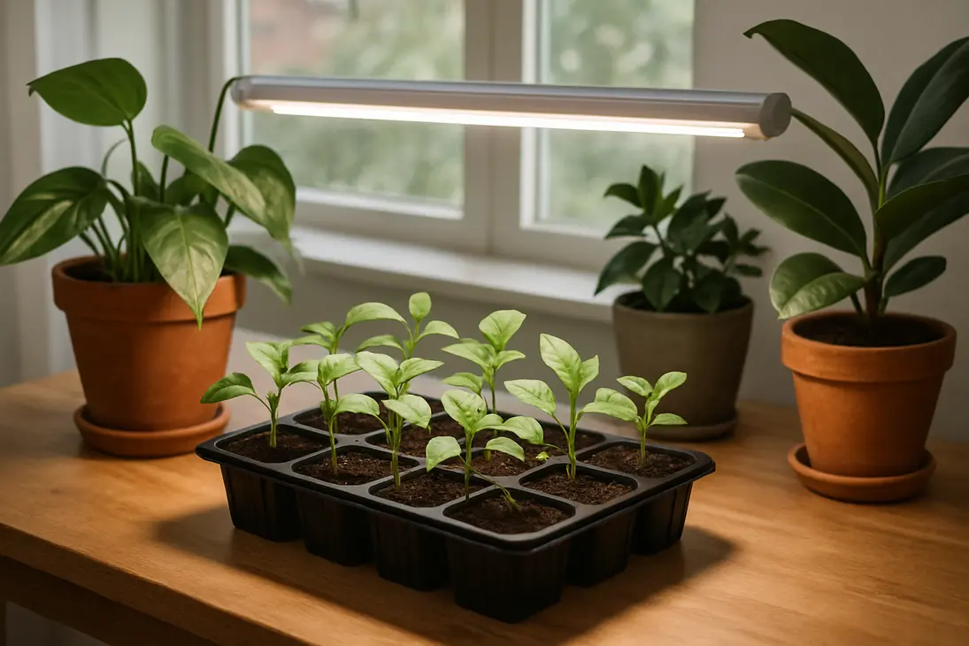 Seedlings and houseplants growing near a window under an LED grow light.