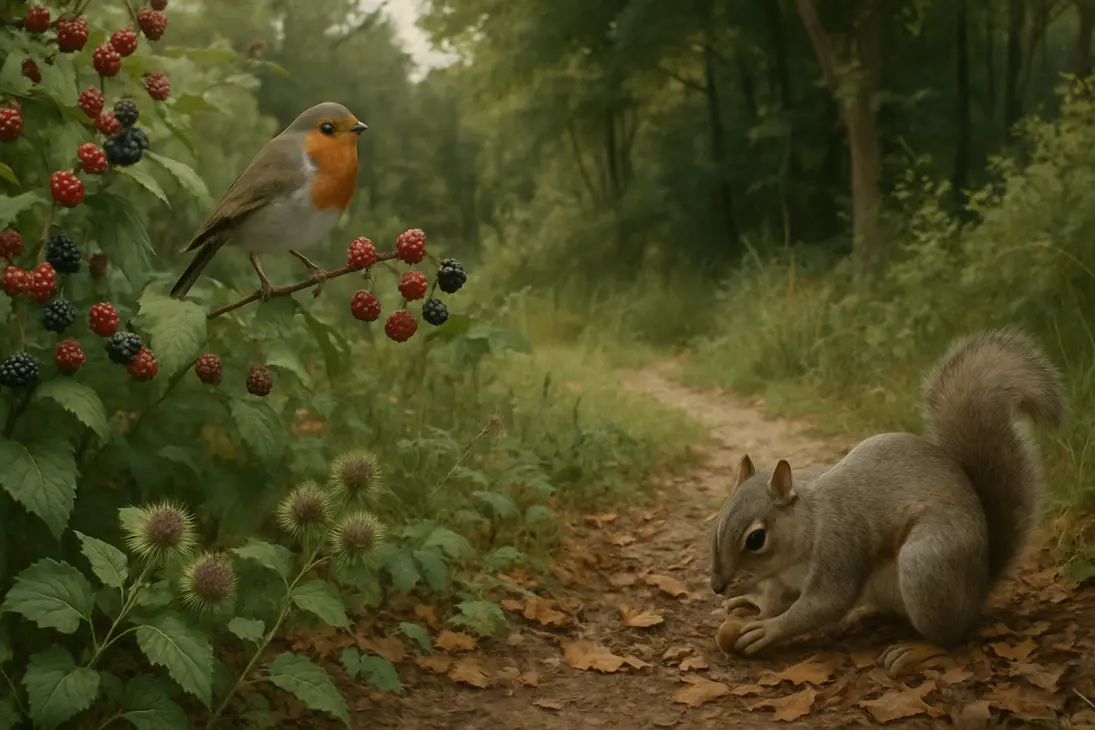 Birds, squirrels, and burr-bearing plants showing how animals move seeds through a garden and woodland edge.