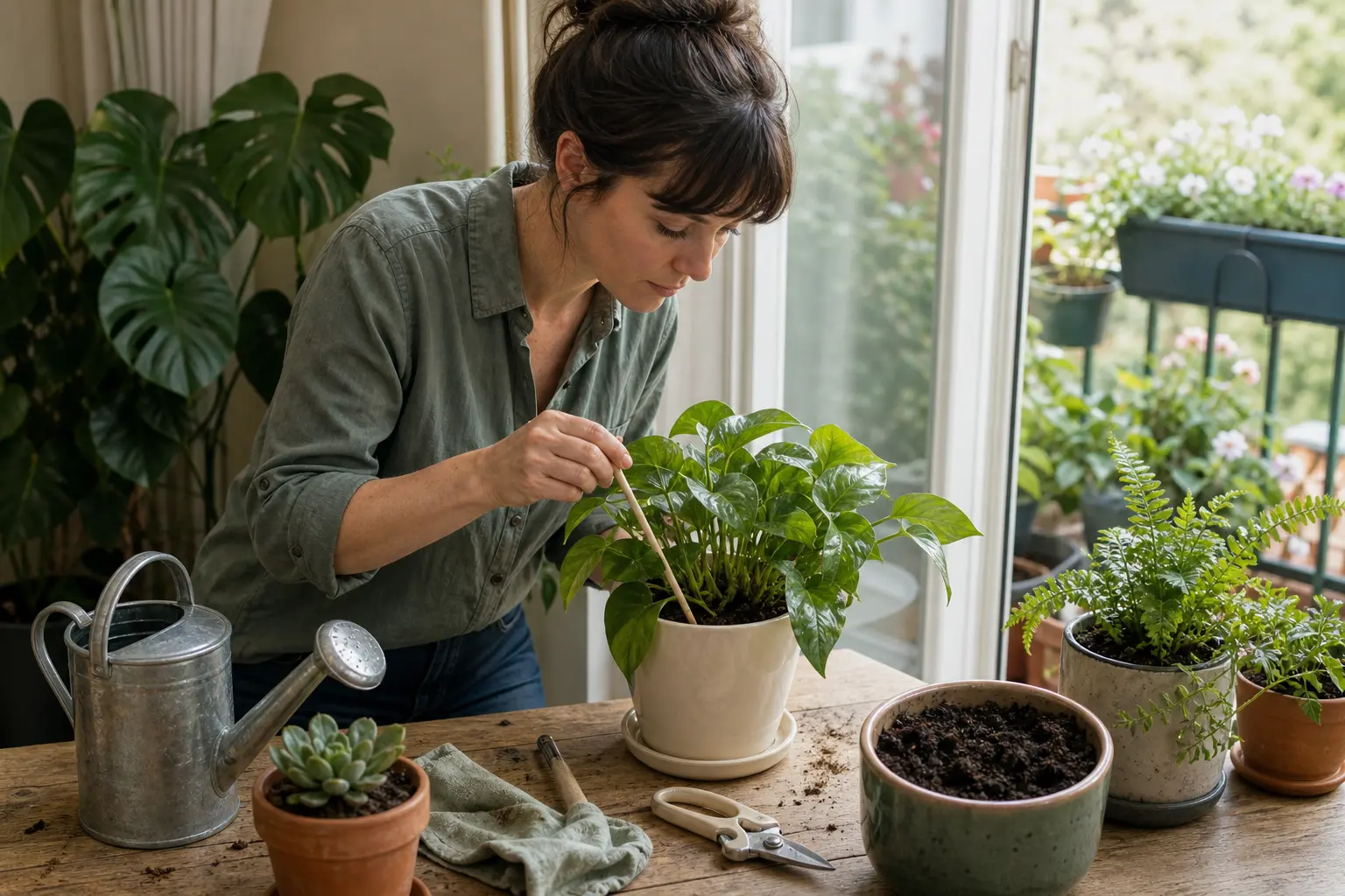 Gardener checking soil moisture and caring for healthy potted houseplants.