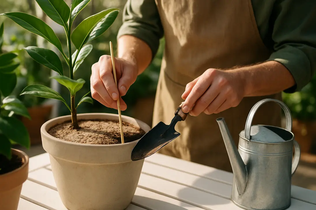 Gardener checking moisture below dry topsoil in a potted plant with a wooden skewer.
