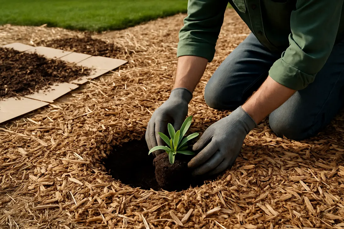 Gardener planting a transplant through mulch into soil beneath a covered lawn.