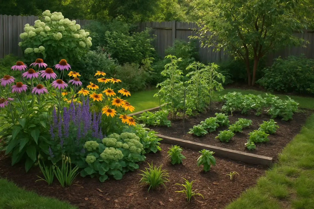 A zone 6b garden with flowering perennials, shrubs, herbs, and vegetable plants growing in sunny beds.
