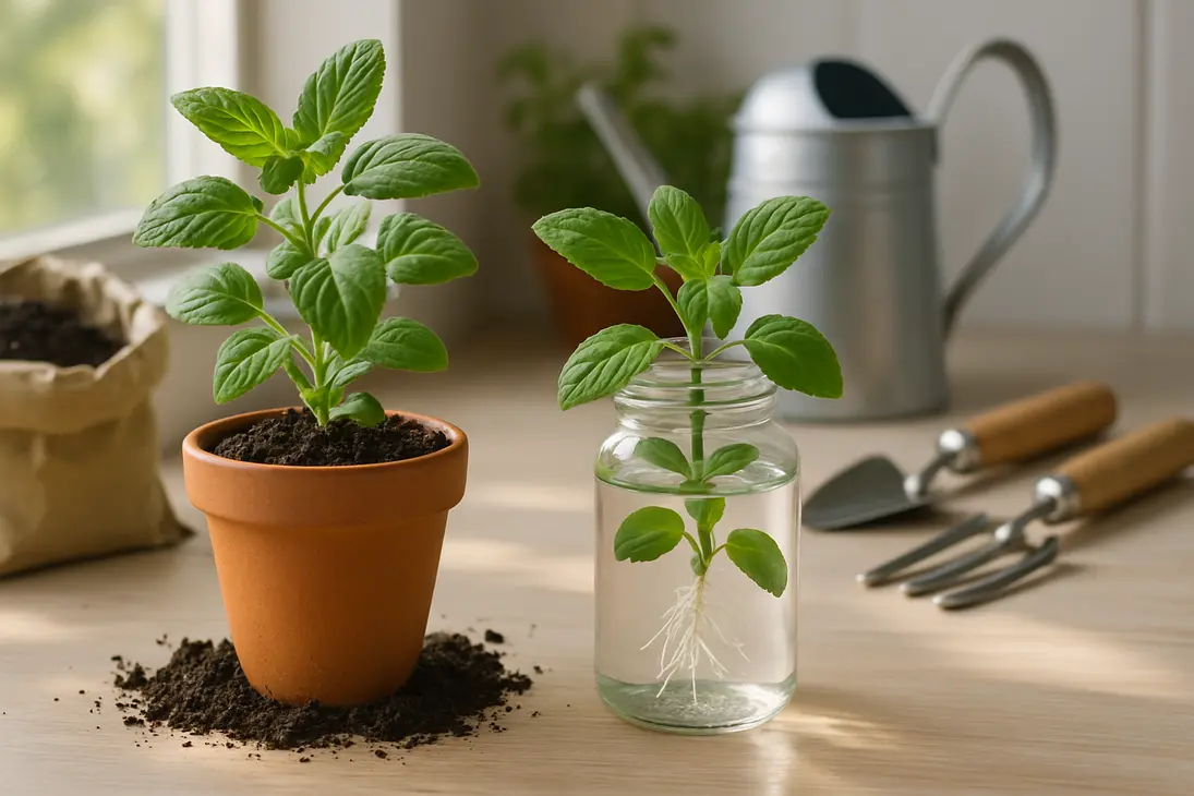 A soil-grown plant beside a matching cutting rooted in water on a gardening bench.