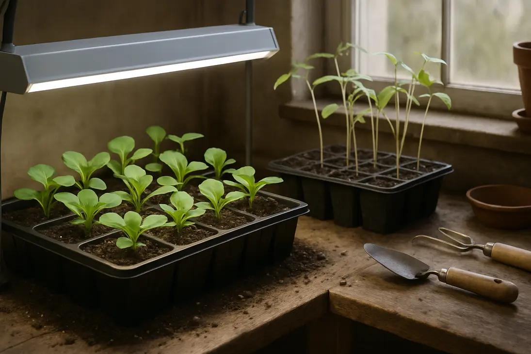Seedlings growing under bright light beside pale leggy seedlings stretching in dim conditions.