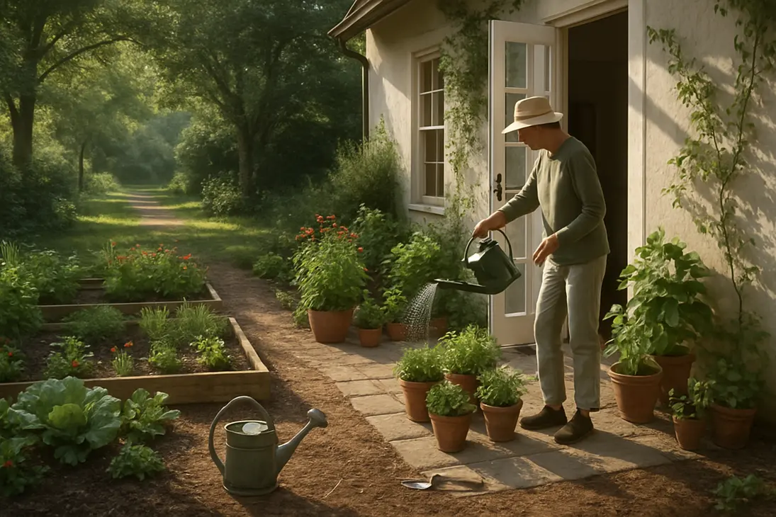 A person watering herbs and leafy plants in a calm garden patio, showing how plants shape daily routines and mood.