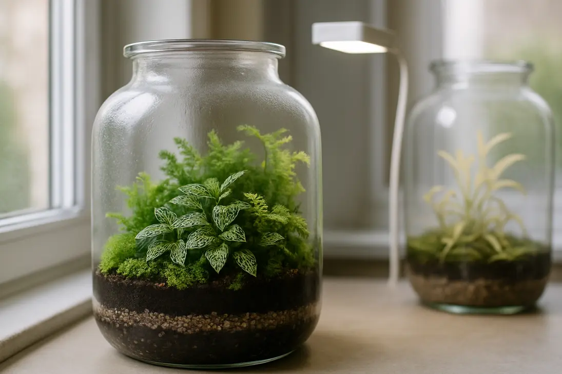 Healthy closed terrarium with ferns and fittonia receiving indirect light beside an LED grow light.
