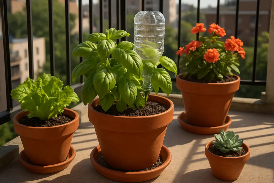 Plastic bottle dripper watering a potted herb on a sunny balcony with other container plants nearby.