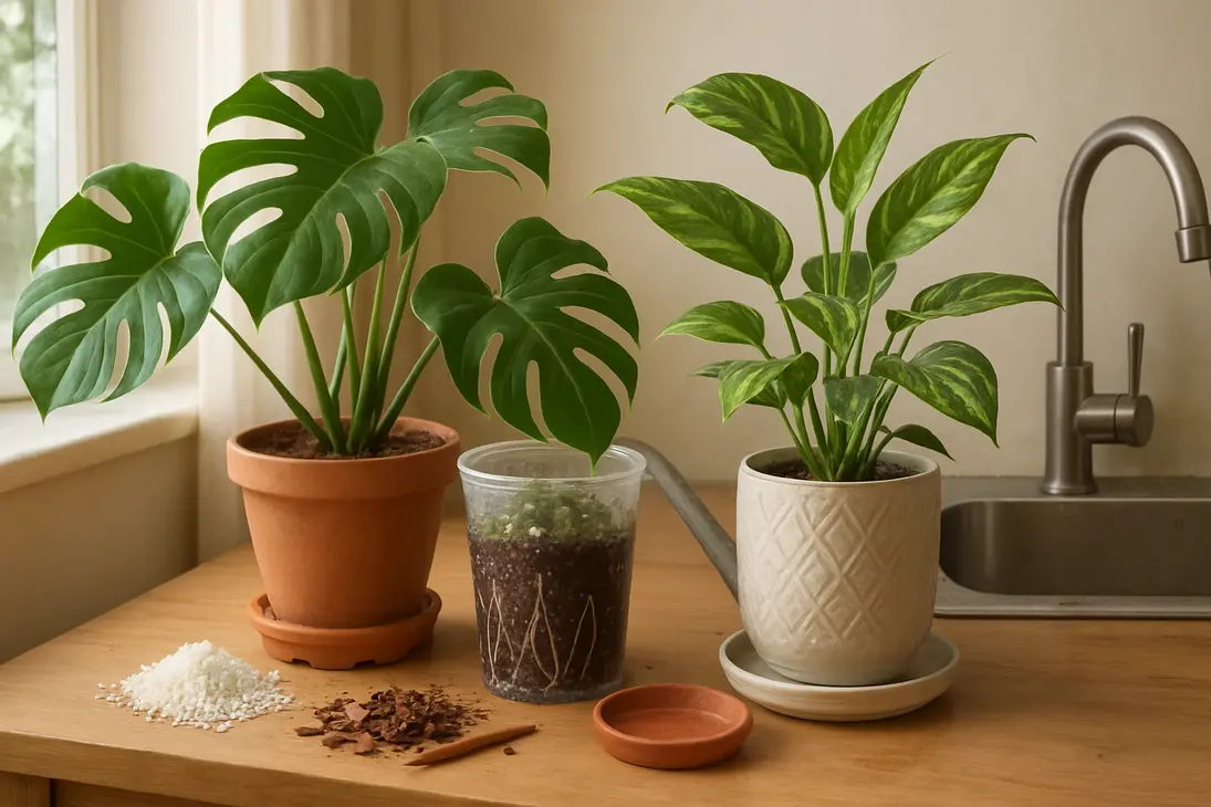 Potted houseplants with drainage holes, raised feet, airy potting mix, and an emptied saucer to help prevent root rot.