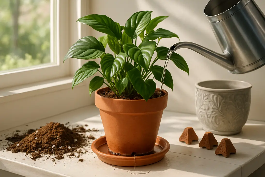 Water draining from the bottom holes of a potted houseplant into a saucer.
