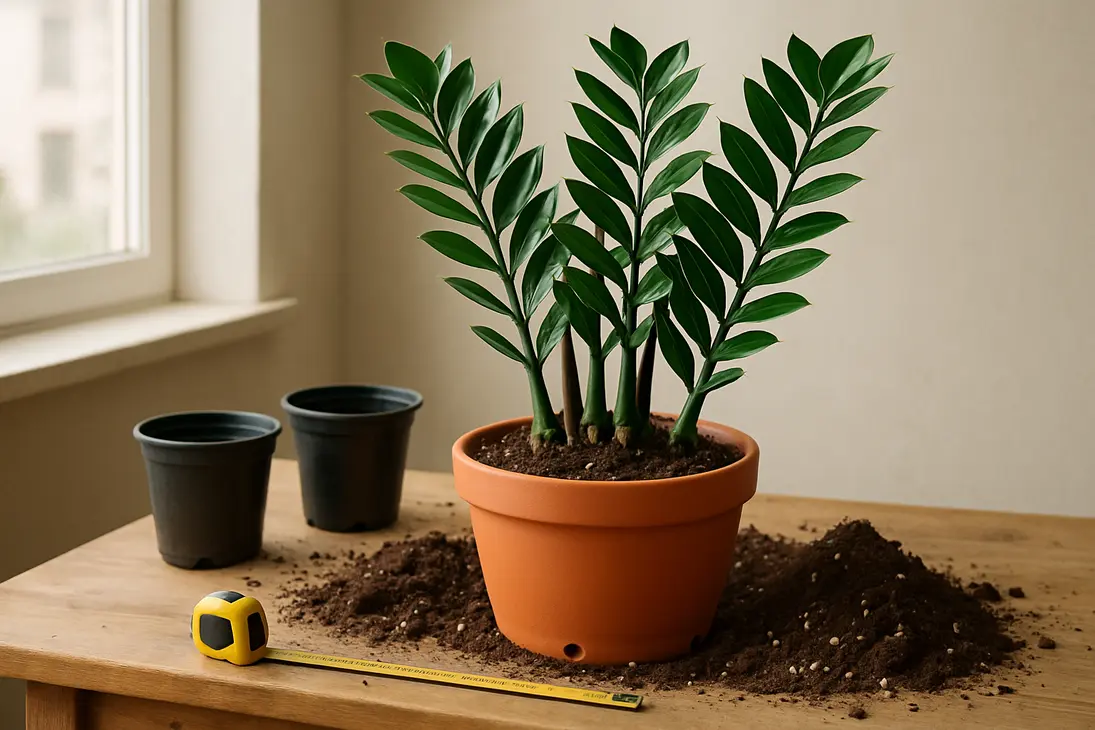 Three ZZ plants being arranged together in a properly sized terracotta pot for repotting.