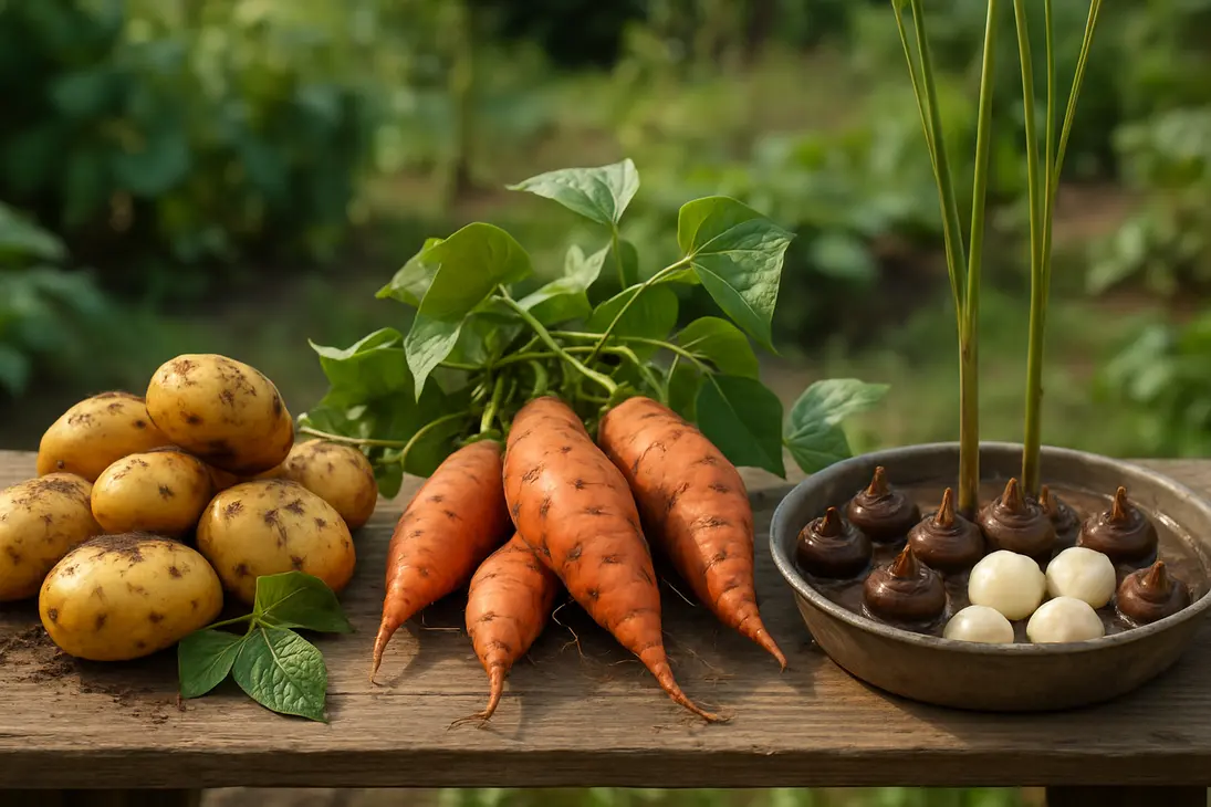 Potatoes, sweet potatoes, and water chestnuts displayed side by side to show their different edible plant parts.