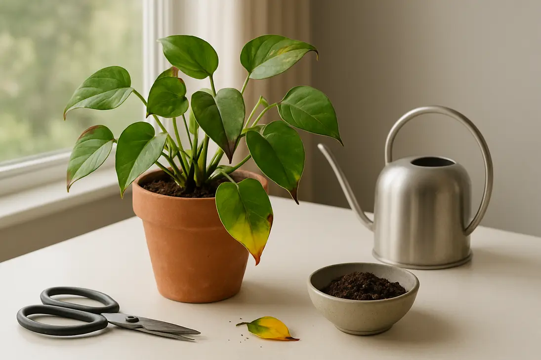 Potted pothos with brown leaf tips and a yellowing lower leaf near plant care tools.