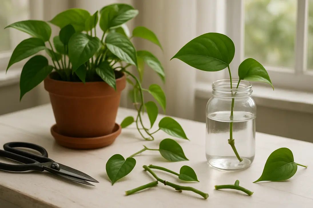 Pothos stem cuttings in water showing a node submerged for propagation.