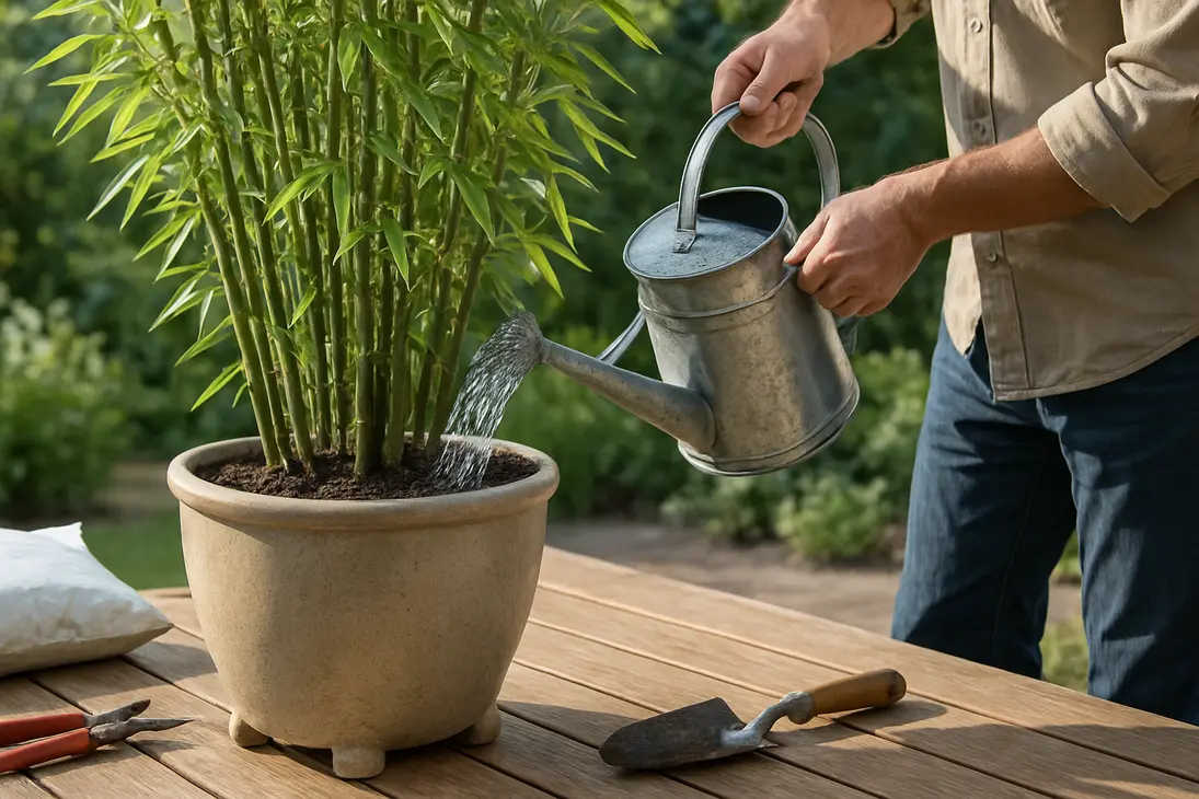 Healthy bamboo growing in a large draining patio pot being watered by a gardener.