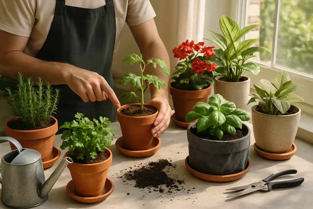 Gardener checking soil moisture while caring for assorted indoor and outdoor potted plants.