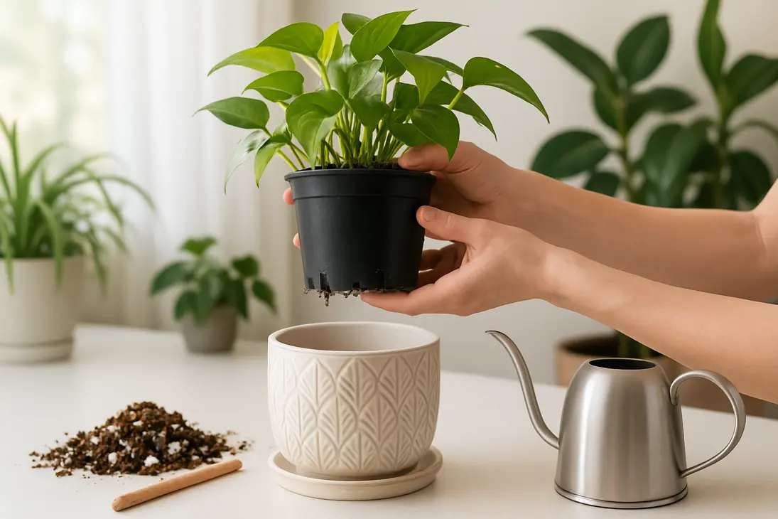 A houseplant in a draining nursery pot being lifted from a decorative pot beside potting mix and watering tools.