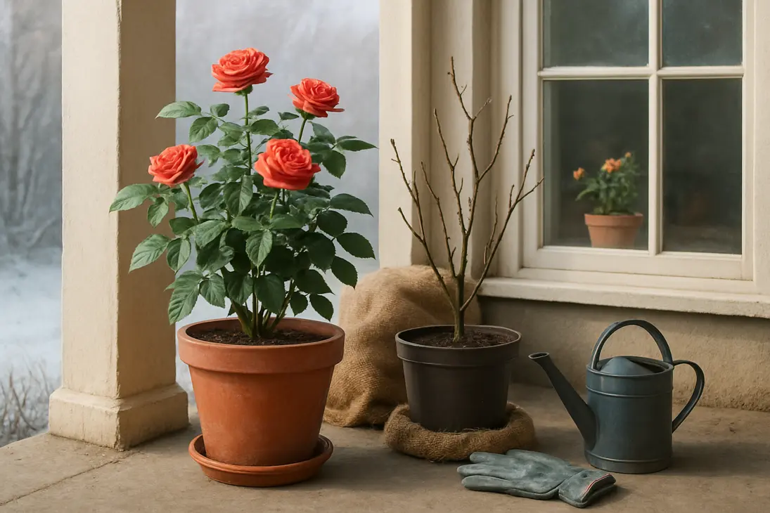 Potted roses in a sheltered February setting, showing a dormant rose outdoors and a flowering rose indoors.