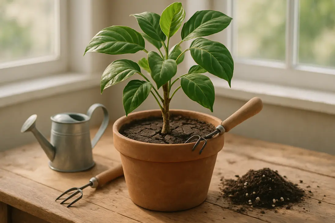 Potted plant with cracked dry potting soil on a potting bench next to a watering can and fresh soil.