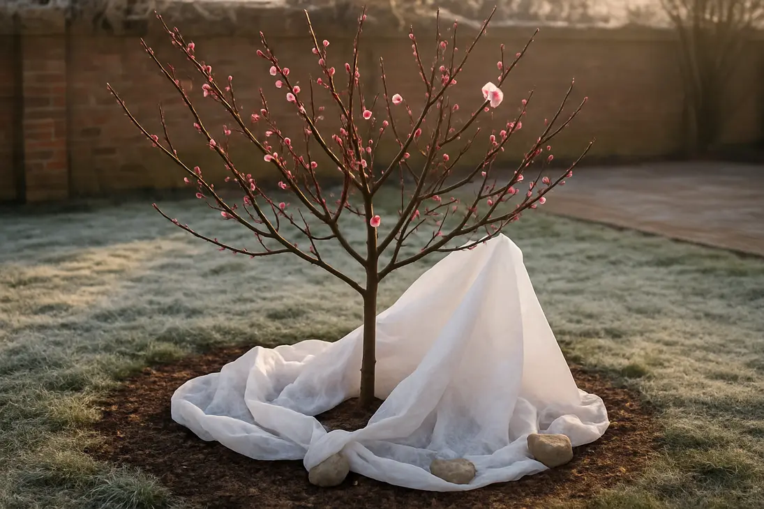 Small early-blooming tree protected with frost cloth on a cold late-winter morning.