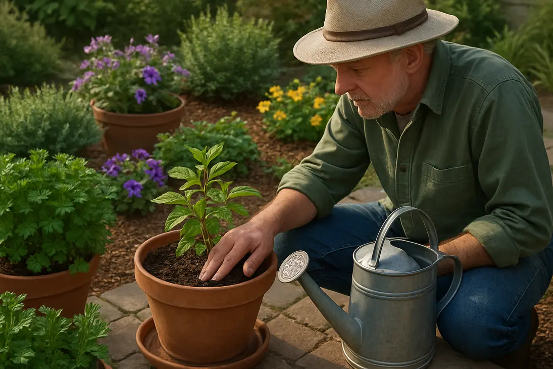 Gardener checking soil moisture before watering potted plants and mulched garden beds.