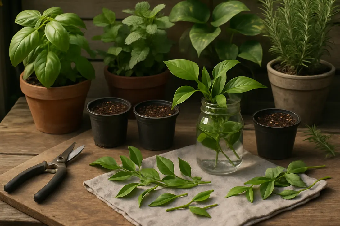 Fresh pruned plant cuttings prepared for propagation in water and small pots on a garden bench.